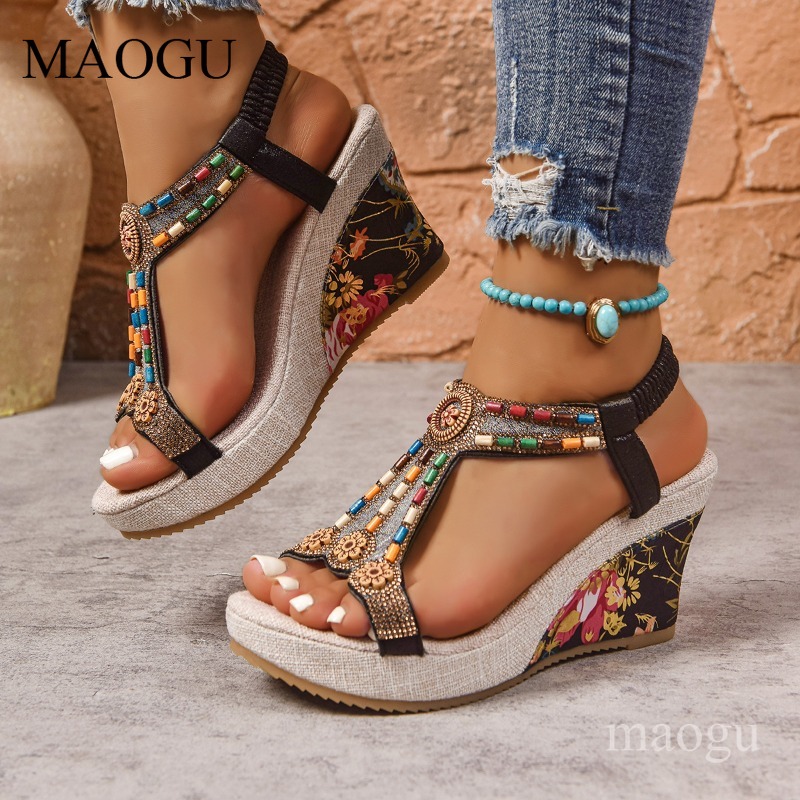 Boho Beaded Floral Wedge Sanda - Ethnic And Fashion ulasan dan harga