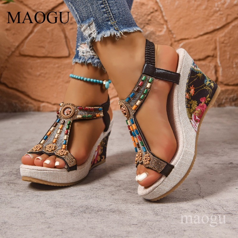 Boho Beaded Floral Wedge Sanda - Ethnic And Fashion ulasan dan harga